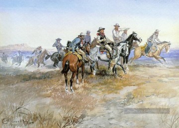 Indiens et cowboys œuvres - début du rassemblement 1898 Charles Marion Russell Indiana cow boy
